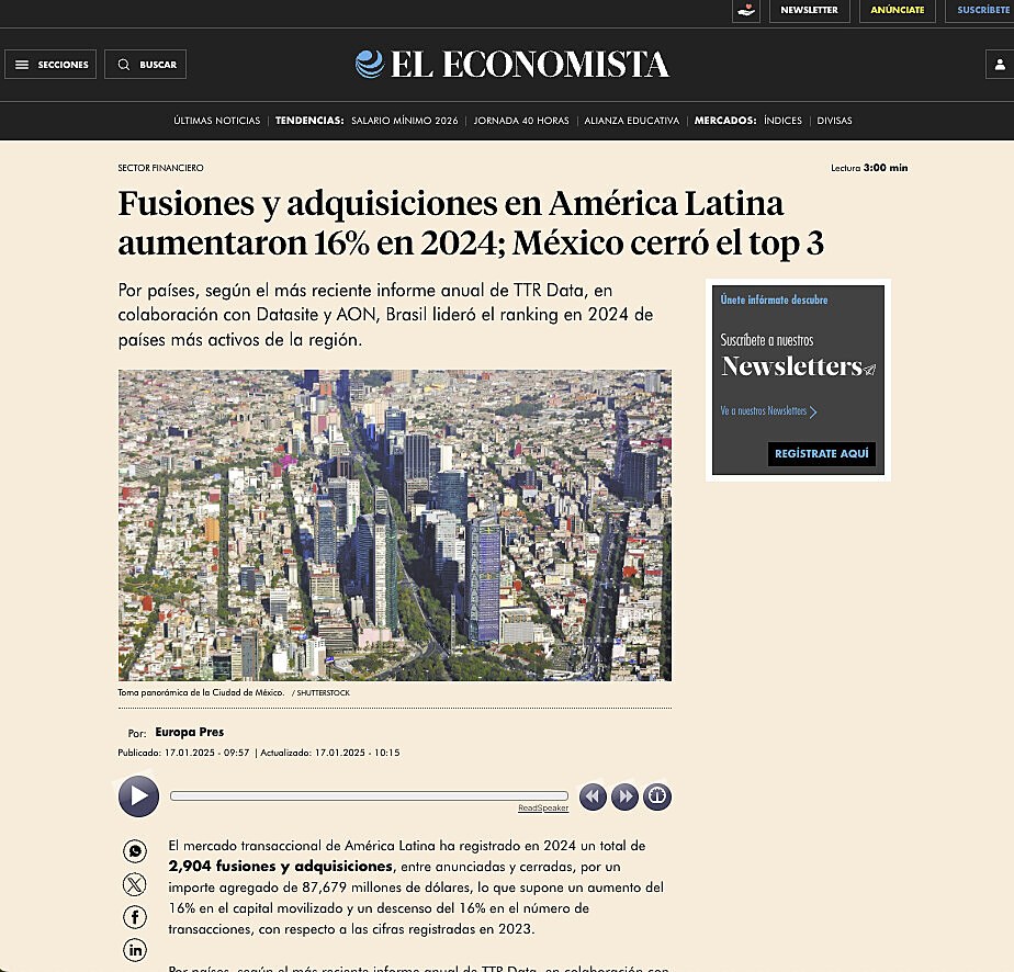 Fusiones y adquisiciones en Am�rica Latina aumentaron 16% en 2024; M�xico cerr� el top 3